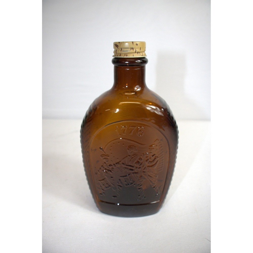 Log Cabin Syrup Amber Glass Bottle 1776 Patriotic Embossed Vintage